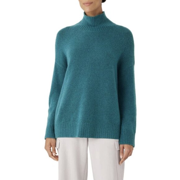 Top Eileen Fisher Peacock &ndash; Girocollo Lungo, Colore Blu, Morbido Spazzolato, Taglie M E XL, Nuovo Con Etichette